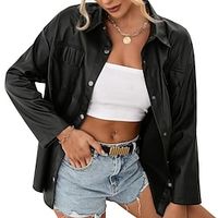 Women's Faux Leather Jacket Office Comfortable Modern Style Regular Fit Outerwear Long Sleeve Summer Black S Lightinthebox - thumbnail