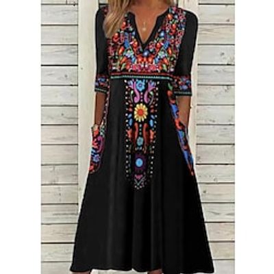 Women's Casual Dress Shift Dress Black Dress Midi Dress Black Half Sleeve Floral Pocket Fall Spring Summer V Neck Fashion Birthday Daily Date 2022 S M L XL XXL 3XL Lightinthebox