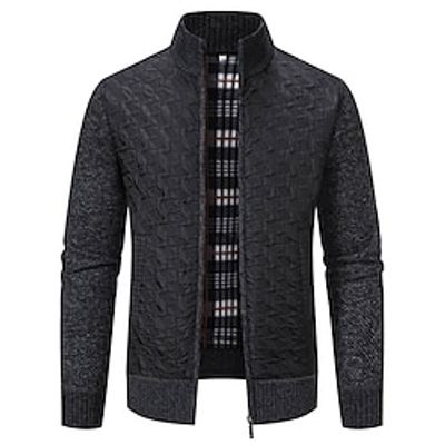 Men's Cardigan Sweater Zip Sweater Cropped Sweater Ribbed Knit Regular Knitted Plain Stand Collar Warm Ups Modern Contemporary Daily Wear Going out Clothing Apparel Winter Black Burgundy S M L Lightinthebox