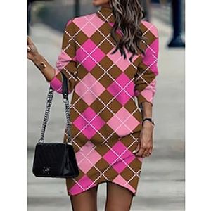 Women's Casual Dress Sweatshirt Dress Winter Dress Geometric Plaid Ruched Print Turtleneck Mini Dress Fashion Streetwear Outdoor Daily Long Sleeve Loose Fit Pink Burgundy Purple Fall Winter S M L XL Lightinthebox