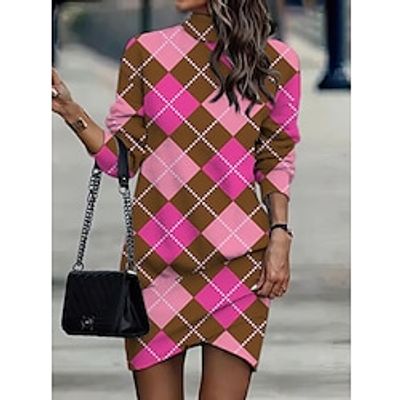 Women's Casual Dress Sweatshirt Dress Winter Dress Geometric Plaid Ruched Print Turtleneck Mini Dress Fashion Streetwear Outdoor Daily Long Sleeve Loose Fit Pink Burgundy Purple Fall Winter S M L XL Lightinthebox