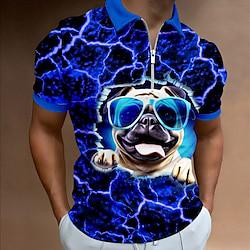 Dog Optical Illusion Men's Business Casual 3D Print Polo Shirt Zip Polo Outdoor Street Wear to work Milk Fiber Short Sleeve Turndown Zip Polo Shirts Blue / Black Royal Blue Summer S M L Micro-elastic Lightinthebox