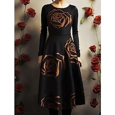 Women's Casual Dress Swing Dress Floral Rose Print Pocket Crew Neck Midi Dress Elegant Vintage Valentine's Day Date Long Sleeve Regular Fit Black Spring S M L XL 2XL Lightinthebox