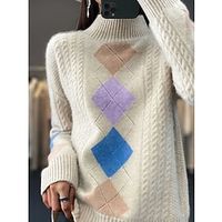Women's Pullover Sweater Jumper Stand Collar Cable Knit Acrylic Patchwork Fall Winter Regular Outdoor Daily Going out Stylish Casual Soft Long Sleeve Color Block Black White Camel S M L miniinthebox - thumbnail