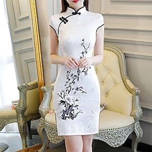 Women's Bodycon Sheath Dress Cheongsam Dress Mini Dress Pink White Short Sleeve Floral Embroidered Spring Summer Mandarin Collar Chinoiserie Weekend Slim 2022 S M L XL XXL 3XL Lightinthebox