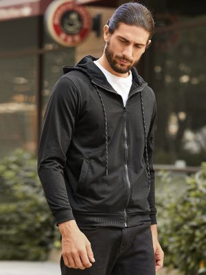Men Black Zip Up Long Sleeve Sport Drawstring Hoodie Men Black Zip Up Long Sleeve Sport Drawstring Hoodie