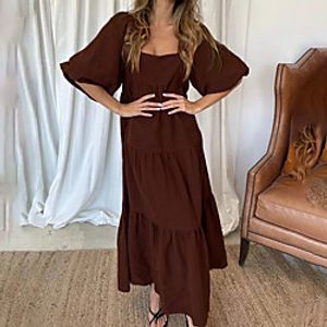Women's Swing Dress Maxi long Dress Khaki Black Brown Half Sleeve Solid Color Ruched Fall Boat Neck Casual 2021 S M L XL miniinthebox