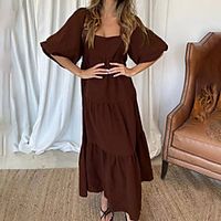 Women's Swing Dress Maxi long Dress Khaki Black Brown Half Sleeve Solid Color Ruched Fall Boat Neck Casual 2021 S M L XL miniinthebox - thumbnail