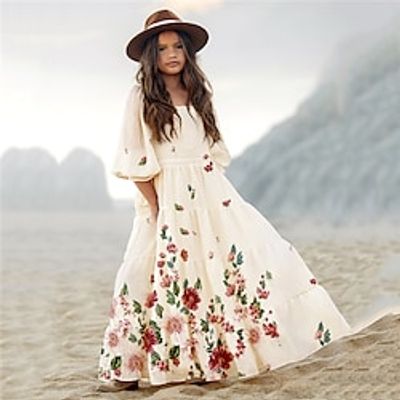Kids Little Girls' Dress Floral A Line Dress Daily Holiday Vacation Ruffle Print Beige Maxi 34 Length Sleeve Casual Cute Sweet Dresses Fall Winter Regular Fit 3-10 Years Lightinthebox