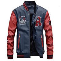 Men's Faux Leather Jacket Daily Winter Spring Regular Coat Stand Collar Basic Jacket Long Sleeve Geometric Print Yellow Royal Blue miniinthebox - thumbnail