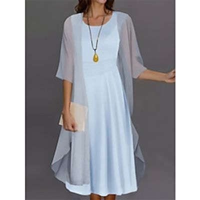 Women's Casual Dress Summer Dress Plain Dress Midi Dress Patchwork Street Holiday Date Elegant Streetwear Crew Neck 34 Length Sleeve Loose Fit Blue Color S M L XL XXL Size Lightinthebox