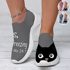 Women's Sneakers Slip-Ons Print Shoes Animal Print Flyknit Shoes Outdoor Daily Cat Slogan Flat Heel Fashion Casual Tissage Volant Pink Blue Gray Lightinthebox