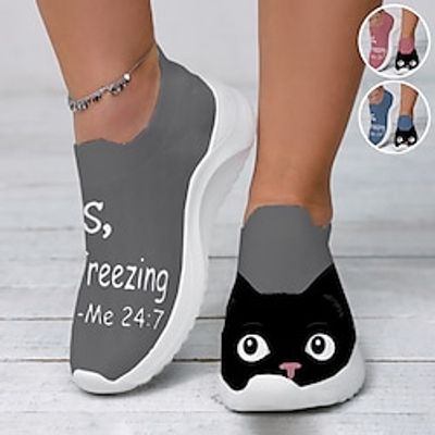 Women's Sneakers Slip-Ons Print Shoes Animal Print Flyknit Shoes Outdoor Daily Cat Slogan Flat Heel Fashion Casual Tissage Volant Pink Blue Gray Lightinthebox