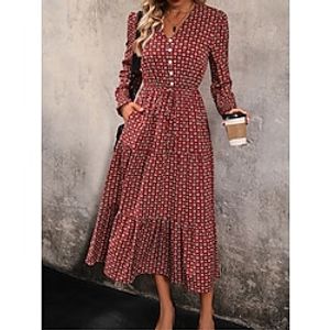 Women's Swing Dress A Line Dress Floral Print Tie Front V Neck Midi Dress Fashion Streetwear Outdoor Daily Long Sleeve Loose Fit Wine Fall Winter S M L XL Lightinthebox
