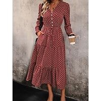 Women's Swing Dress A Line Dress Floral Print Tie Front V Neck Midi Dress Fashion Streetwear Outdoor Daily Long Sleeve Loose Fit Wine Fall Winter S M L XL Lightinthebox - thumbnail