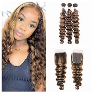 3 Bundles with Closure Hair Weaves Brazilian Hair Loose Deep Wave Human Hair Extensions Remy Human Hair Hair Weft with Closure 10-26 inch Light Brown Dark Brown Women miniinthebox