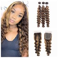 3 Bundles with Closure Hair Weaves Brazilian Hair Loose Deep Wave Human Hair Extensions Remy Human Hair Hair Weft with Closure 10-26 inch Light Brown Dark Brown Women miniinthebox - thumbnail