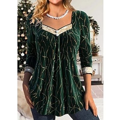 Women's Shirt Blouse Velvet Striped Red Green Print Long Sleeve Casual Fashion Square Neck Regular Fit Fall  Winter Lightinthebox