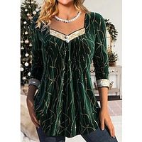 Women's Shirt Blouse Velvet Striped Red Green Print Long Sleeve Casual Fashion Square Neck Regular Fit Fall  Winter Lightinthebox - thumbnail