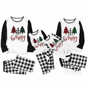Family Look Christmas Pajamas Plaid Christmas Tree Letter Print White Long Sleeve Active Matching Outfits miniinthebox