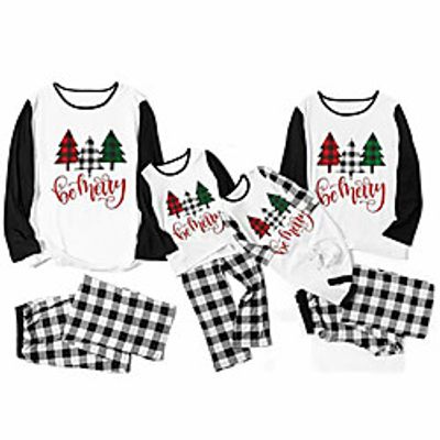 Family Look Christmas Pajamas Plaid Christmas Tree Letter Print White Long Sleeve Active Matching Outfits miniinthebox