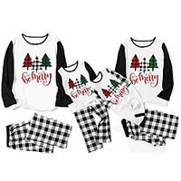 Family Look Christmas Pajamas Plaid Christmas Tree Letter Print White Long Sleeve Active Matching Outfits miniinthebox - thumbnail