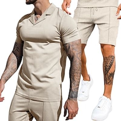 Men's Polo Shirt Waffle Polo Shirt Work Casual Lapel Short Sleeve Basic Modern Plain 2 Piece Spring  Summer Regular Fit Black White Royal Blue Khaki Gray Polo Shirt Lightinthebox