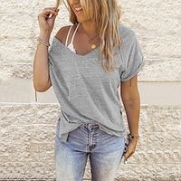 Women's T shirt Tee Pink Wine Khaki Plain Short Sleeve Daily Basic V Neck Regular S Lightinthebox - thumbnail