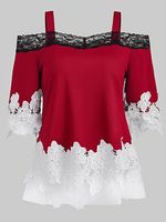Open Shoulder Patchwork Lace Blouses - thumbnail