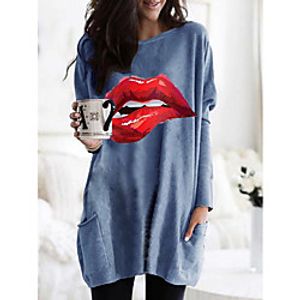 Women's T shirt Dress Graphic Mouth Long Sleeve Pocket Round Neck Tops Basic Basic Top White Black Fuchsia Lightinthebox
