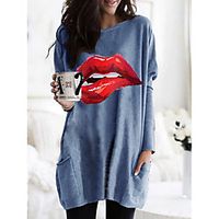 Women's T shirt Dress Graphic Mouth Long Sleeve Pocket Round Neck Tops Basic Basic Top White Black Fuchsia Lightinthebox - thumbnail
