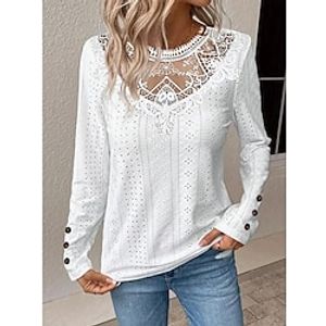 Women's Shirt Blouse Plain White Lace Patchwork Long Sleeve Casual Fashion Round Neck Regular Fit Spring   Fall Lightinthebox