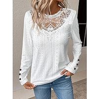 Women's Shirt Blouse Plain White Lace Patchwork Long Sleeve Casual Fashion Round Neck Regular Fit Spring   Fall Lightinthebox - thumbnail