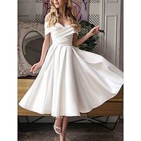 Little White Dresses Wedding Dresses A-Line Off Shoulder Short Sleeve Tea Length Satin Bridal Gowns With Pleats Solid Color 2023 Lightinthebox - thumbnail