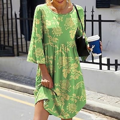 Women's T Shirt Dress Tee Dress Knee Length Dress Green Pink Light Green 34 Length Sleeve Floral Ruched Print Fall Spring Round Neck Casual 2022 S M L XL XXL 3XL 4XL 5XL Lightinthebox