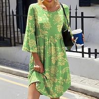 Women's T Shirt Dress Tee Dress Knee Length Dress Green Pink Light Green 34 Length Sleeve Floral Ruched Print Fall Spring Round Neck Casual 2022 S M L XL XXL 3XL 4XL 5XL Lightinthebox - thumbnail