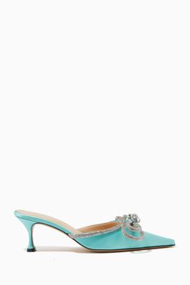 Double Bow Crystal Mules in Silk Satin