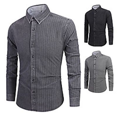 Men's Shirt Striped Button-Down Long Sleeve Street Tops Cotton Business Casual Comfortable Gray Black Lightinthebox