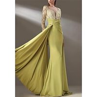 A-Line Mother of the Bride Dress Formal Wedding Guest Elegant Jewel Neck Floor Length Chiffon Lace Long Sleeve with Lace Draping 2023 Lightinthebox - thumbnail