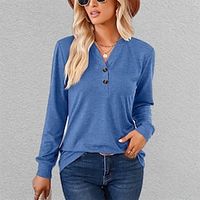 Women's T shirt Tee Henley Shirt Plain Black White Pink Button Long Sleeve Casual Fashion V Neck Regular Fit Spring   Fall Lightinthebox - thumbnail
