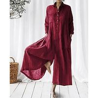 Women's Romper Patchwork Pocket Solid Color Shirt Collar Elegant Daily Wide Leg Loose Fit Long Sleeve Pink Wine Blue S M L Spring Lightinthebox - thumbnail