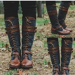 Women's Boots Combat Boots Motorcycle Boots Work Boots Outdoor Daily Knee High Boots Buckle Flat Heel Round Toe Vintage Casual Comfort Denim Faux Leather Zipper Solid Color Black Brown Beige miniinthebox