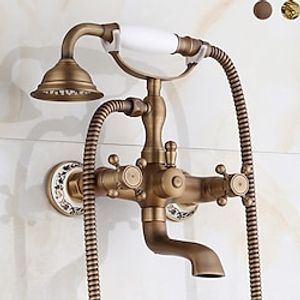 Bathtub Filler Cold/Hot Water Mixer Clawfoot Antique Copper Finish Wall Mount Tub Filler with Hand Held Shower Faucet 2 Cross Handles with Tub Spout Vintage Style miniinthebox