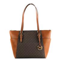 Michael Kors Charlotte Signature Leather Large Top Zip Tote Handbag Bag (Brown) (17098)