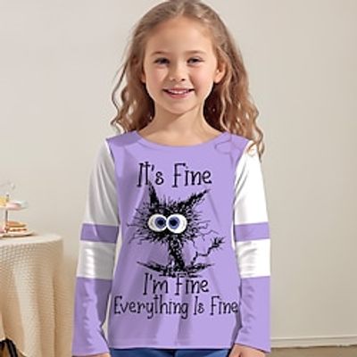 Girls' 3D Cat Letter Tee Shirt Pink Long Sleeve 3D Print Spring Fall Active Fashion Cute Polyester Kids 3-12 Years Crew Neck Outdoor Casual Daily Regular Fit Lightinthebox