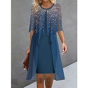 Women's Party Dress Cocktail Dress Wedding Guest Dress Midi Dress Blue Half Sleeve Ombre Layered Spring Fall Winter Crew Neck Fashion Wedding Guest 2023 S M L XL XXL 3XL Lightinthebox