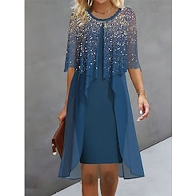 Women's Party Dress Cocktail Dress Wedding Guest Dress Midi Dress Blue Half Sleeve Ombre Layered Spring Fall Winter Crew Neck Fashion Wedding Guest 2023 S M L XL XXL 3XL Lightinthebox