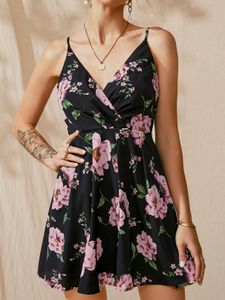 YOINS Spaghetti Strap Random Floral Print V-neck Sleeveless Dress