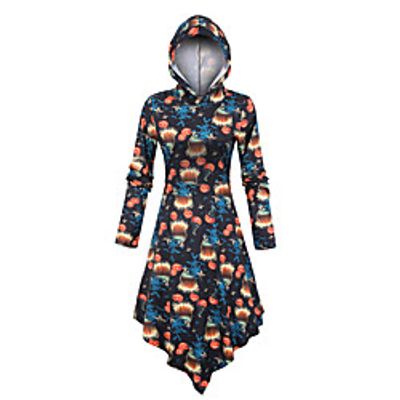 Women's Sports Dress Knee Length Dress Blue Purple Yellow Gray Khaki Orange Navy Blue Long Sleeve Print Print Fall Winter Hooded Casual Vintage Halloween 2021 M L XL XXL 3XL miniinthebox