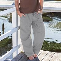 Men's Linen Pants Trousers Summer Pants Beach Pants Pocket Drawstring Elastic Waist Plain Comfort Breathable Daily Holiday Vacation Hawaiian Boho ArmyGreen Black Lightinthebox